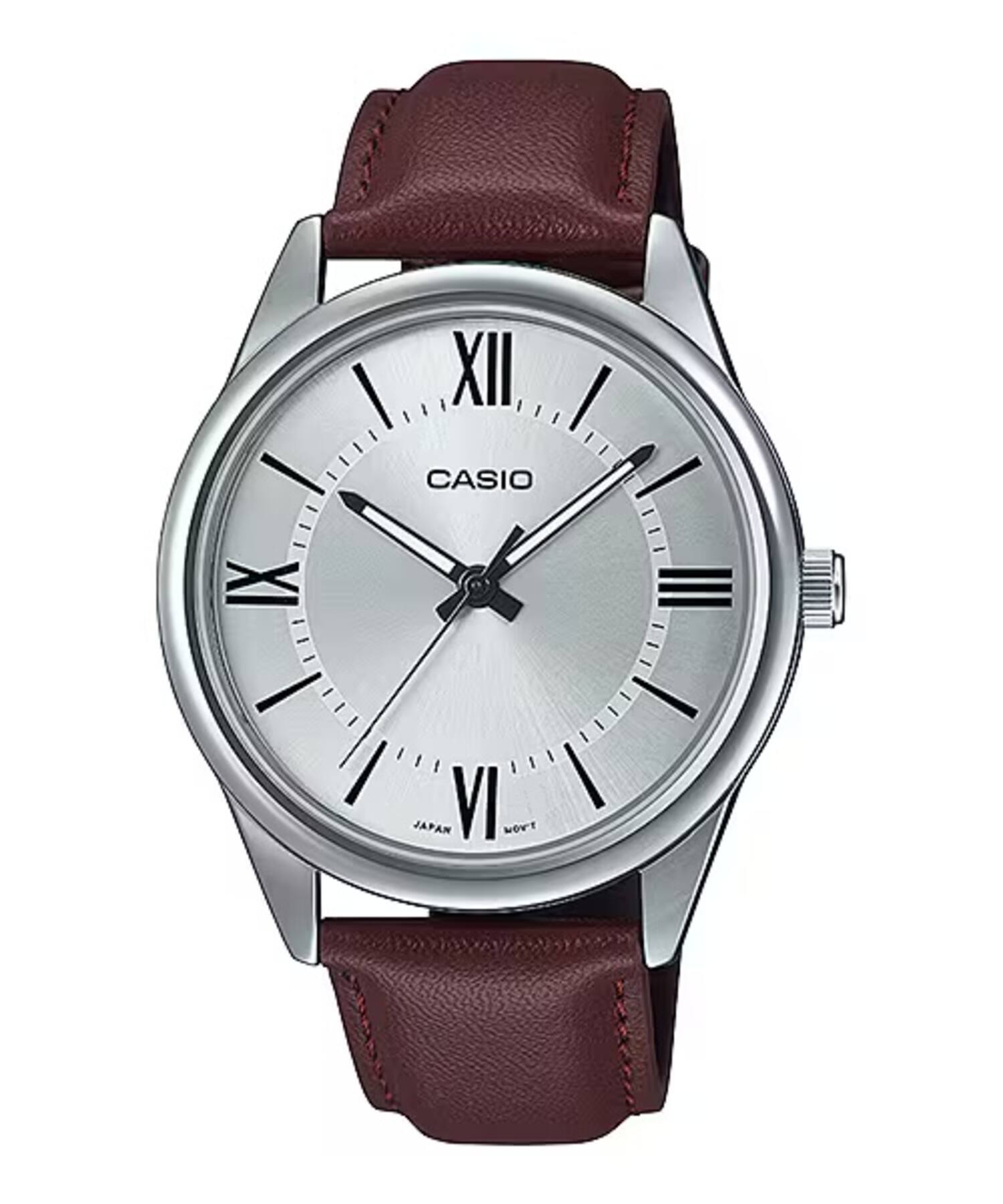 Casio - Men’s Silver Dial Leather Strap Watch - Casio MTP‑V005L‑7B5UDF - Brown