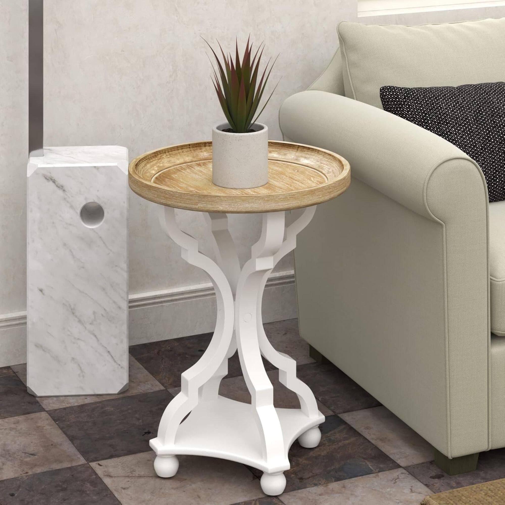Alt View 7. COZAYH - COZAYH Round Rustic Wooden Accent Tray Top Nightstand Side Table, White Legs - Wood, White.