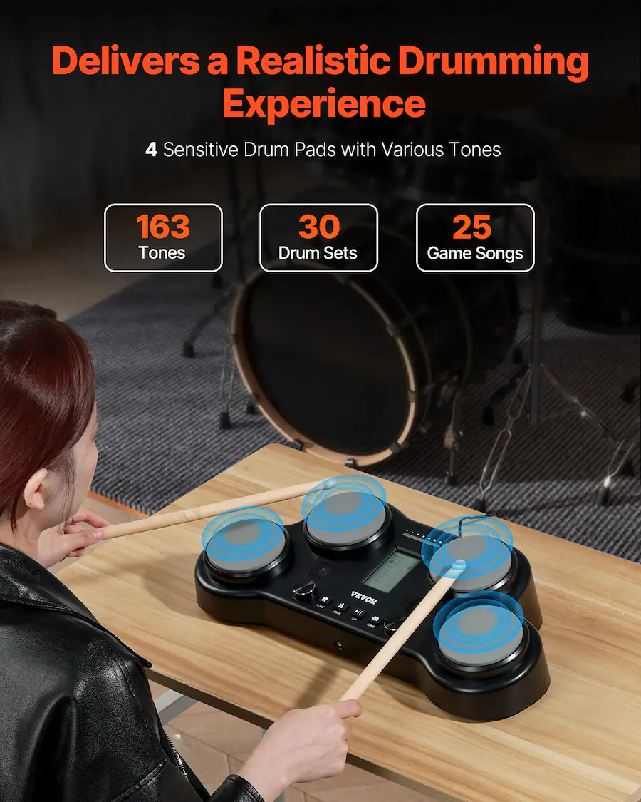 VEVOR Electric Drum Set, 163 Sounds, Tabletop Electronic Drumset with 4 ...
