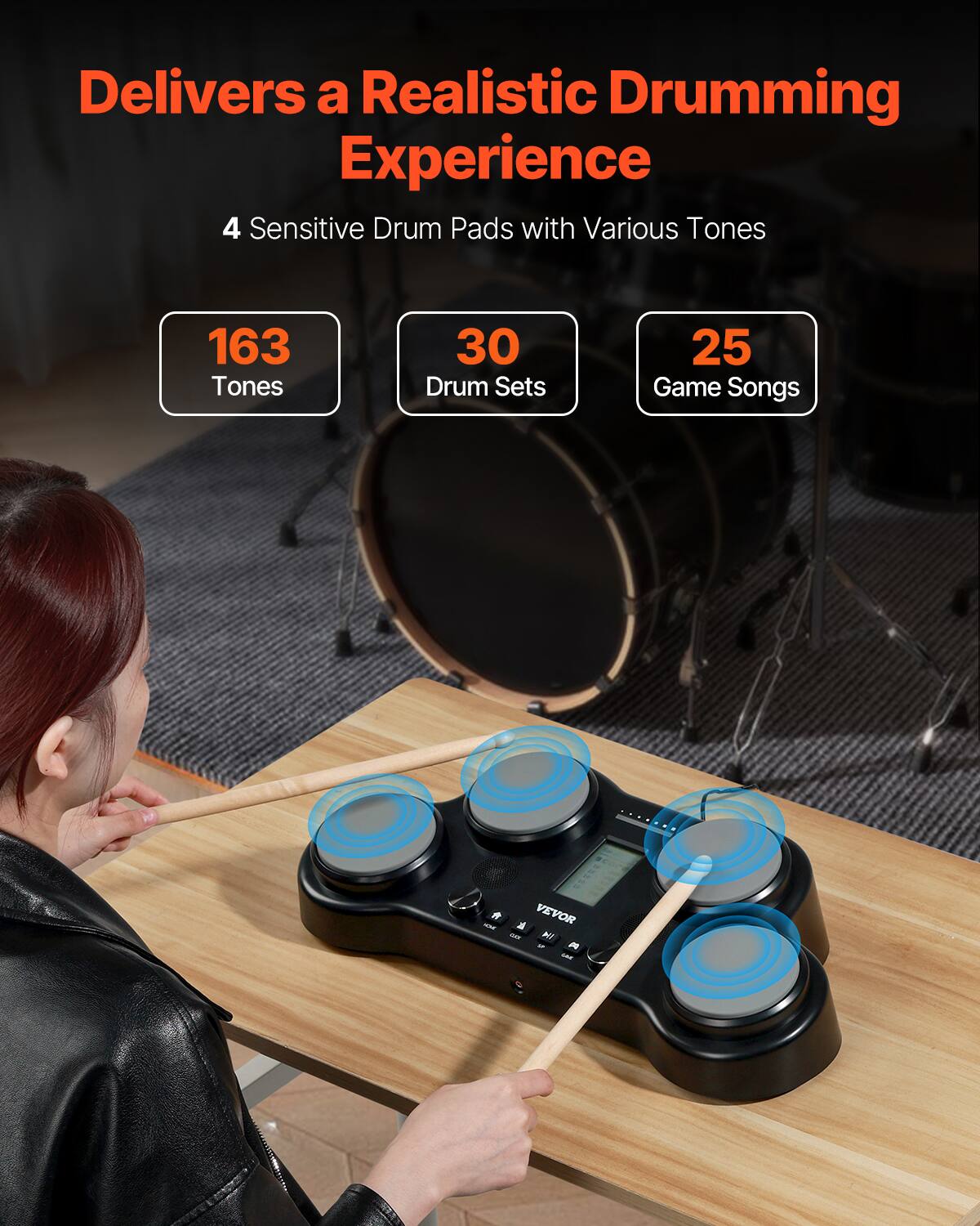 VEVOR Electric Drum Set, 163 Sounds, Tabletop Electronic Drumset with 4 ...