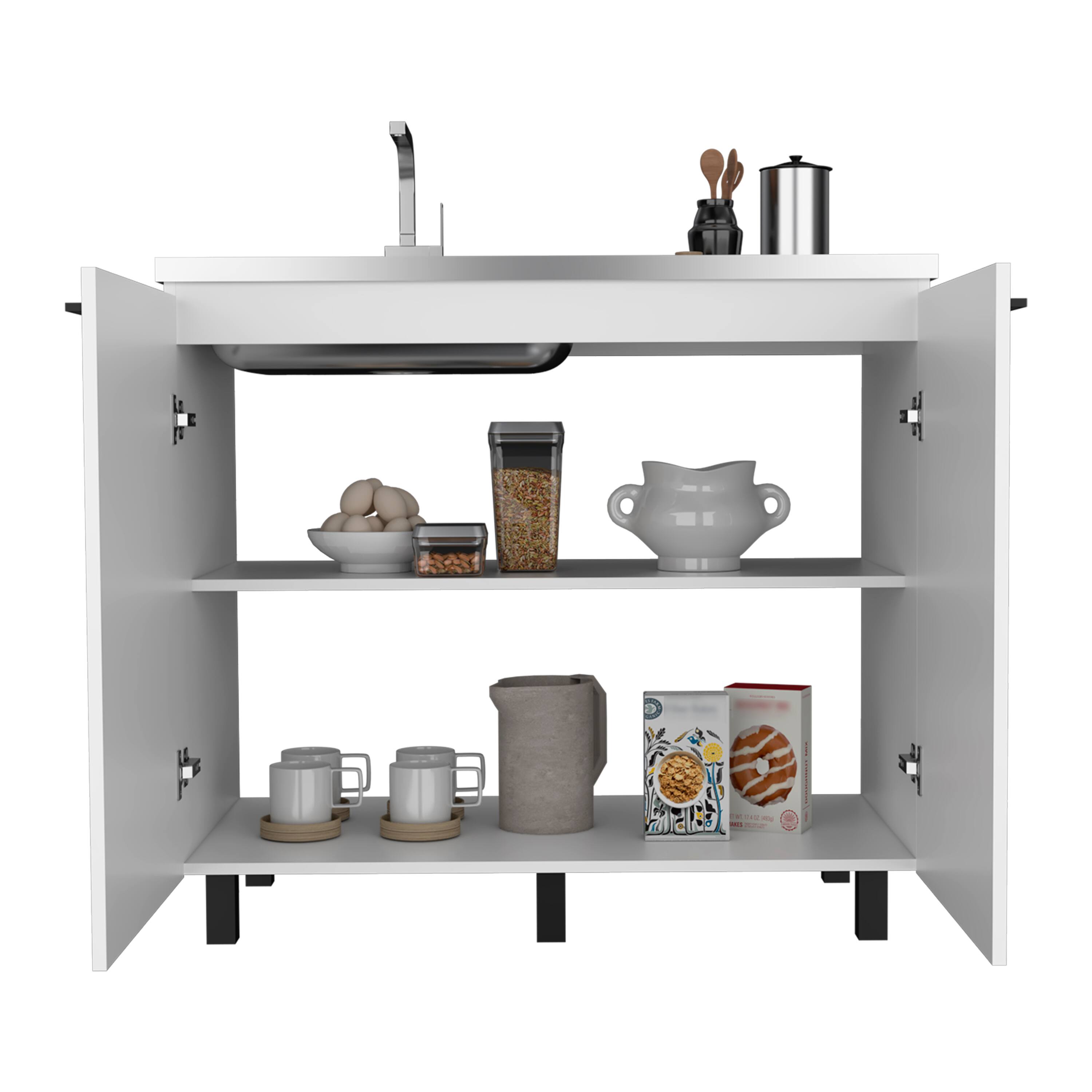 Angle. TuHome - Napoles Utility Sink With Cabinet, Stainless Steel Countertop, With two Interior Shelf - White.