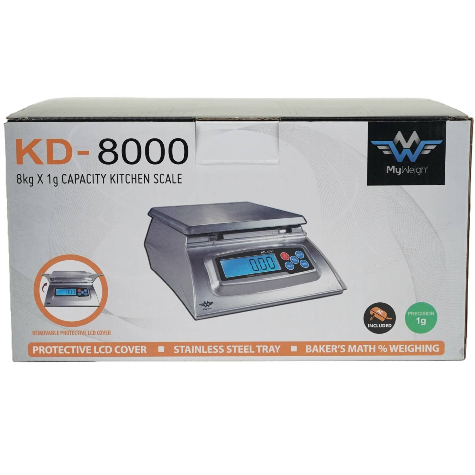 KD-8000 8kg x 1g Capacity Kitchen Scale  
MyWeigh  
- 000 - 000 Removable Protective LCD Cover  
- AC Included  
- Precision 1g  
- Protective LCD Cover  
- Stainless Steel Tray  
- Baker's Math % Weighing