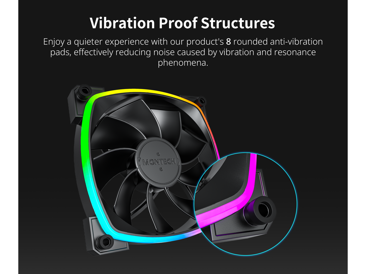 Vibration Proof Structures

Enjoy a quieter experience with our product's 8 rounded anti-vibration pads, effectively reducing noise caused by vibration and resonance phenomena.