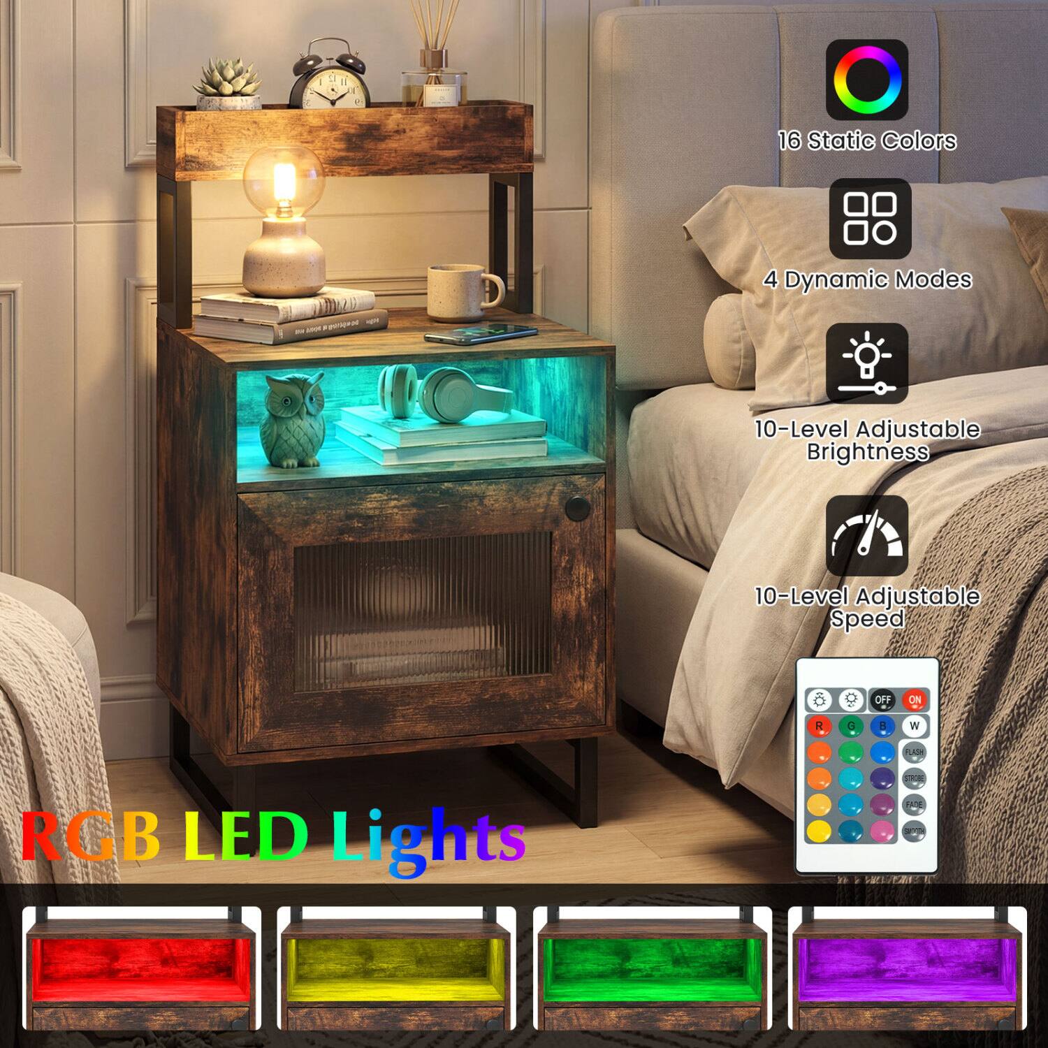 16 Static Colors  
4 Dynamic Modes  
10-Level Adjustable Brightness  
10-Level Adjustable Speed  
OFF  
ON  
R  
G  
B  
W  
FLASH  
RGB LED Lights  
STROBE FADE SMOOTH