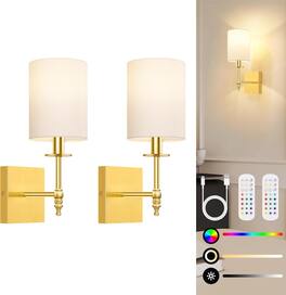 Nordic Hygge - 14.5 Inch Wall Sconces Battery Operated Set of 2, Rechargeable Wireless Wall Sconces Lights with Remote, Not Hardwired - Gold and White