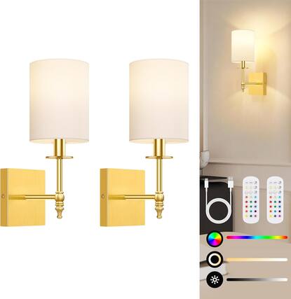 Front. Nordic Hygge - 14.5 Inch Wall Sconces Battery Operated Set of 2, Rechargeable Wireless Wall Sconces Lights with Remote, Not Hardwired - Gold and White.