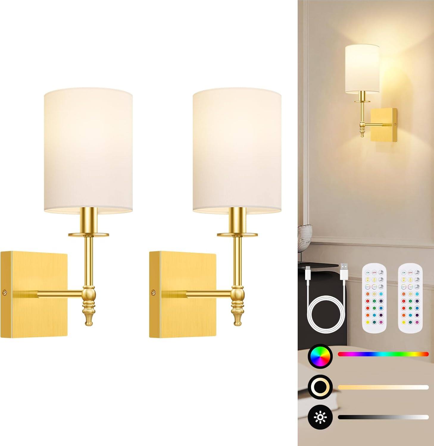 Front. Nordic Hygge - 14.5 Inch Wall Sconces Battery Operated Set of 2, Rechargeable Wireless Wall Sconces Lights with Remote, Not Hardwired - Gold and White.