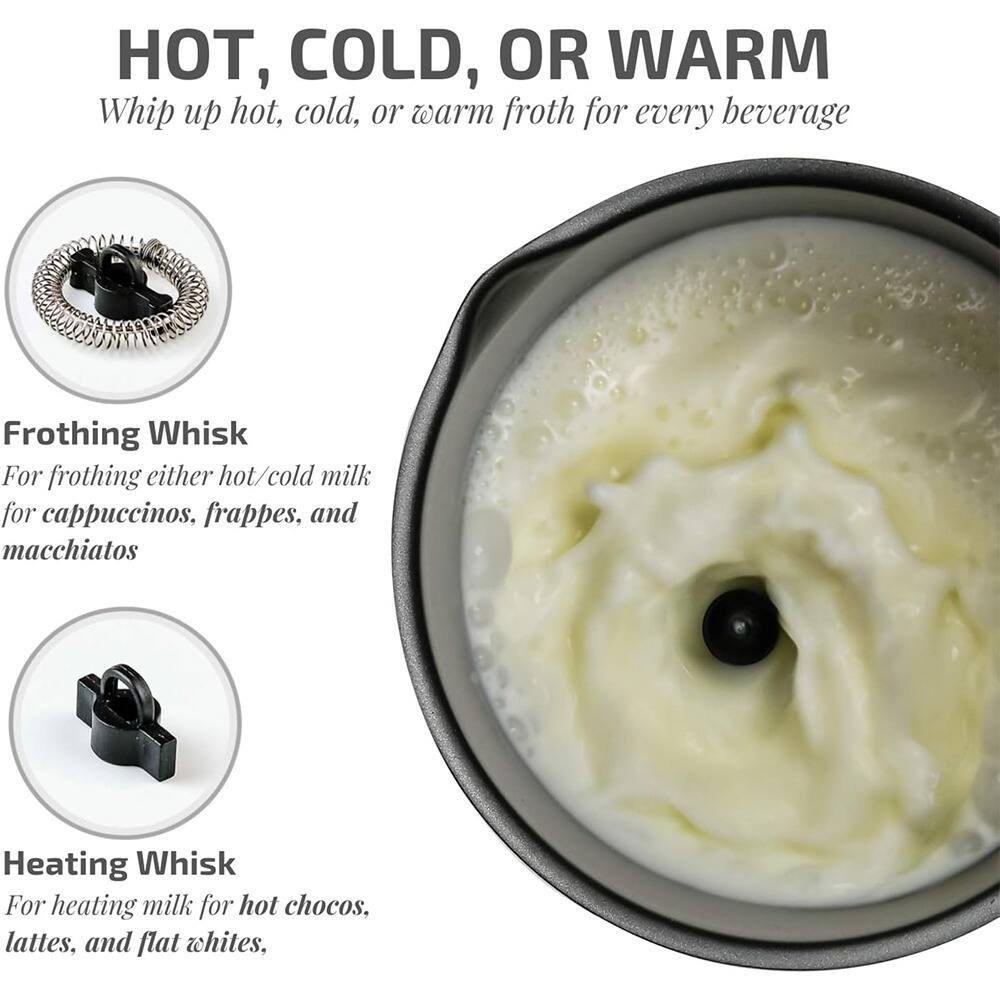 HOT, COLD, OR WARM  
Whip up hot, cold, or warm froth for every beverage  

Frothing Whisk  
For frothing either hot/cold milk for cappuccinos, frappes, and macchiatos  

Heating Whisk  
For heating milk for hot chocos, lattes, and flat whites.