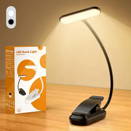 **LED Book Light**
**Specifications:**
- **Input Voltage:** 100-240V AC
- **Input Frequency:** 50/60Hz
- **LED Power:** 3W
- **LED Color Temperature:** 3000-5000K
- **Touch Switch:** Yes
- **Touch Sensing:** Yes
- **Battery:** 3 x AA Batteries (Optional)
- **CE, UK, ROHS, RE, LED**
**Features:**
- **Light Source:** LED
- **Adjustable Arm:** Yes
- **Touch Switch:** Yes
- **Touch Sensing:** Yes
- **Battery Operated:** Yes (3 x AA Batteries)
**Certifications:**
- CE
- UK
- ROHS
- RE
**LED**