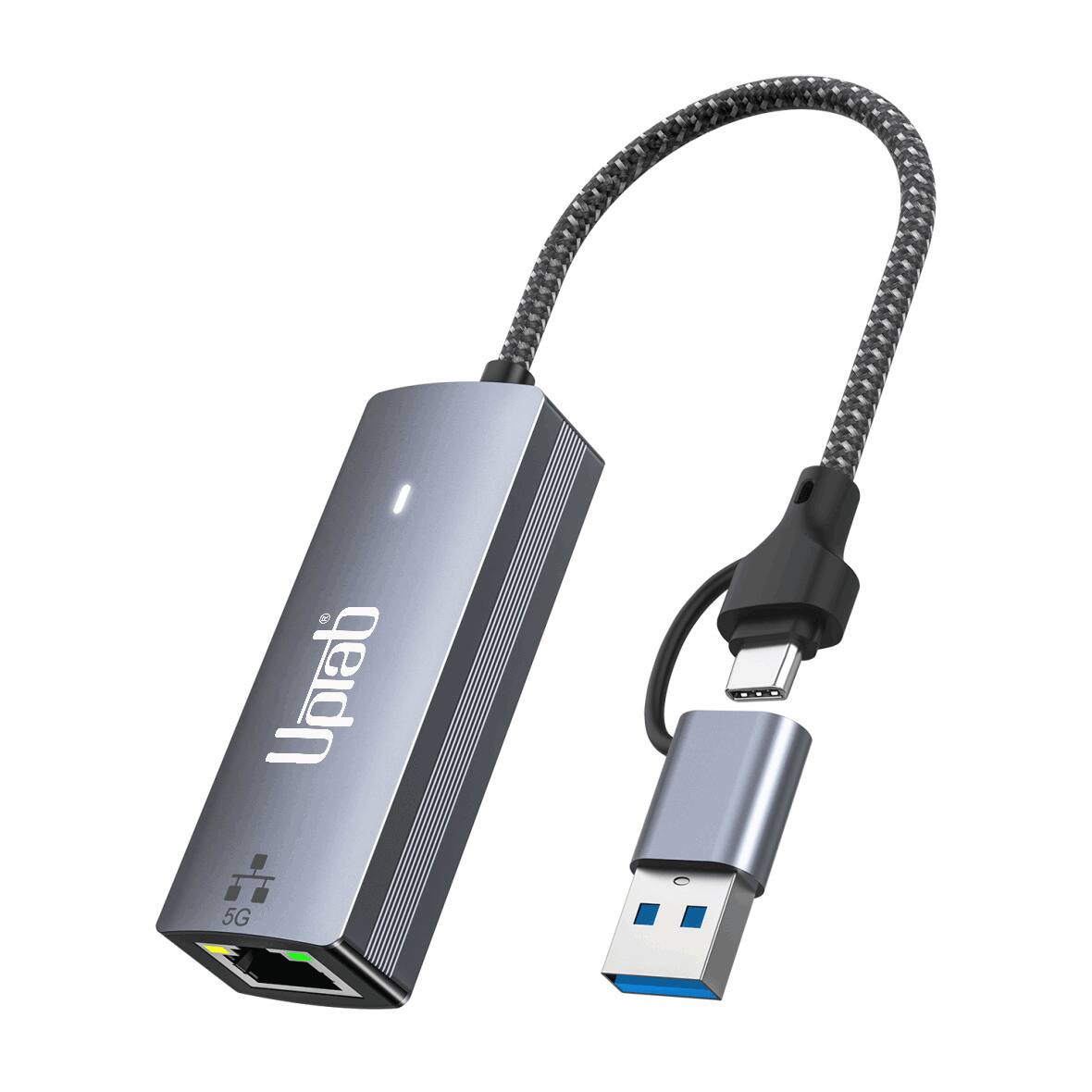 Angle. UPTab - USB-C/A to 5Gbps Ethernet Adapter - Gray.