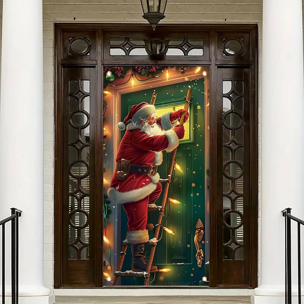 Left. MOSZAR LLC - Santa Climbing Door Banner, 71×35 in, Green with Holiday Lights, Christmas Decor - red.
