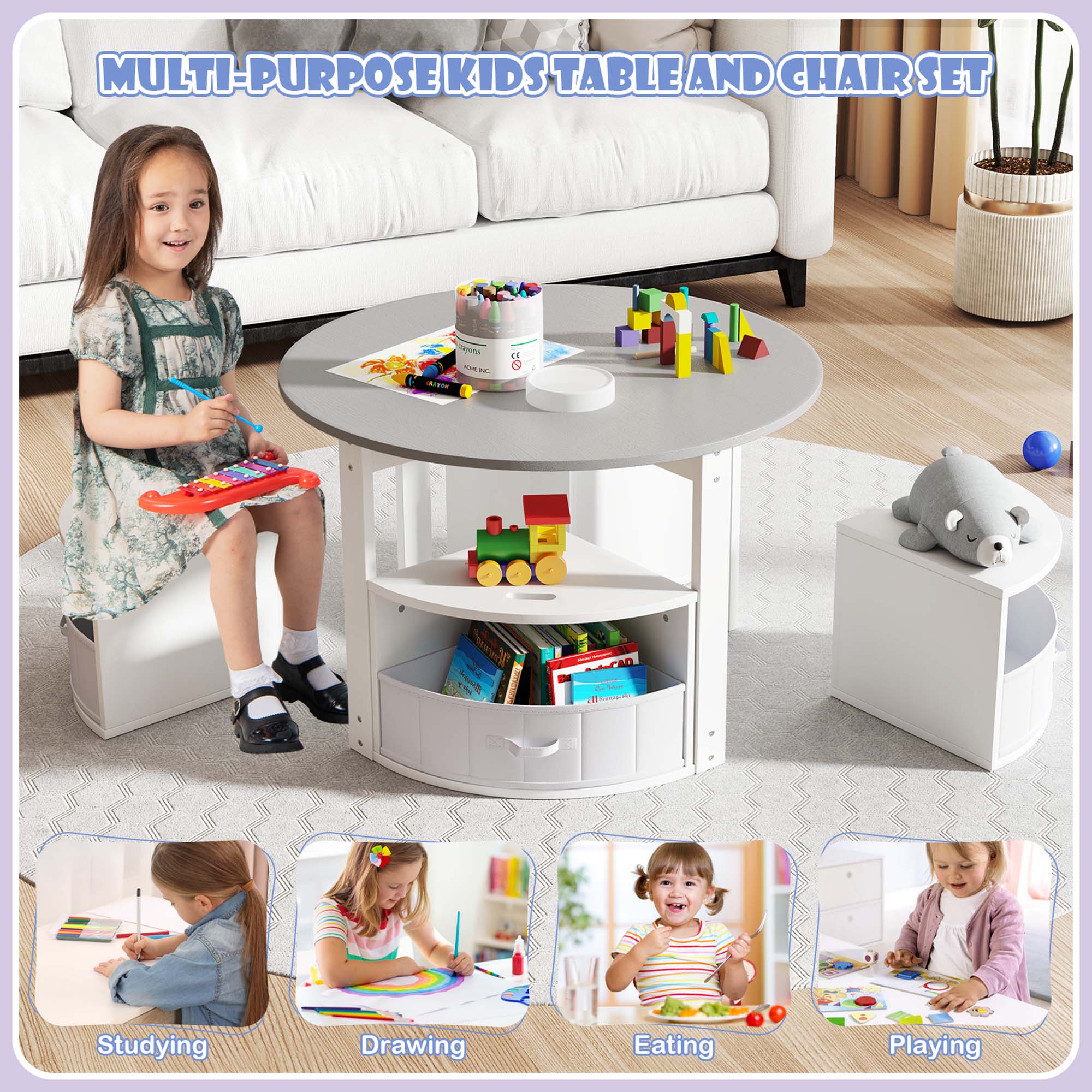 MULTI-PURPOSE KIDS TABLE AND CHAIR SET

- Studying
- Drawing
- Eating
- Playing