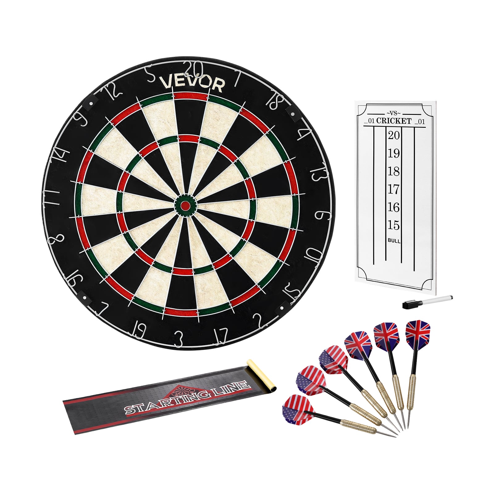 VEVOR - Dartboard with 6 Darts & Scoring Kit, Self-Healing Sisal Fibers Dartboard with Staple-Free Bullseye & Rotating Number - Green, red, black, and hemp color