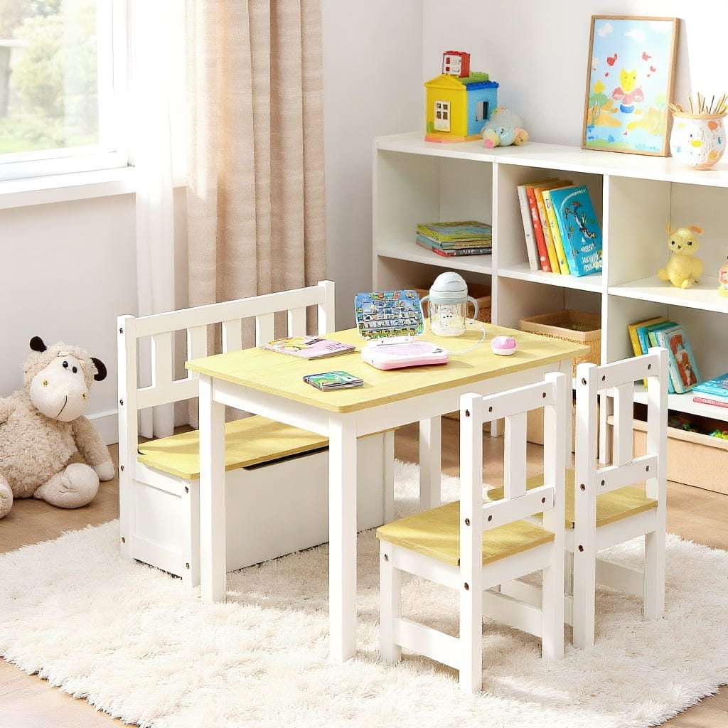 Kadyn - 4 Pieces Kids Wooden Activity Table and Chairs Set with Storage Bench and Study Desk- Small Folding Table - Natural