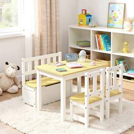 Kadyn - 4 Pieces Kids Wooden Activity Table and Chairs Set with Storage Bench and Study Desk- Small Folding Table - Natural