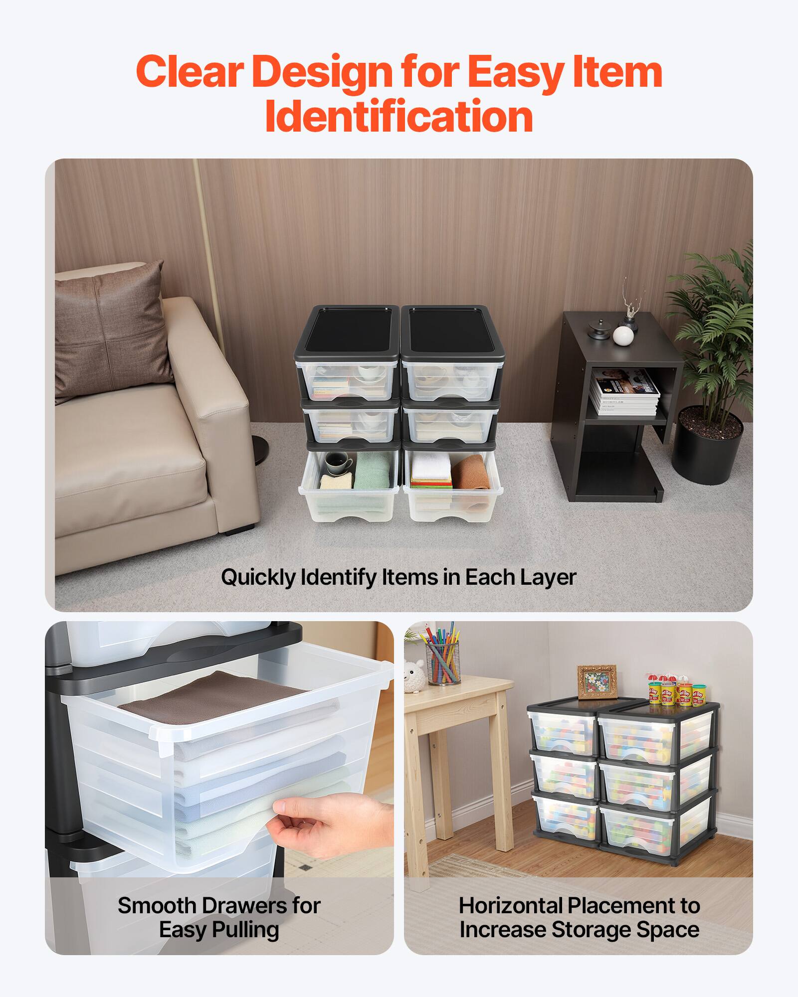 Clear Design for Easy Item Identification

- Quickly Identify Items in Each Layer
- Smooth Drawers for Easy Pulling
- Horizontal Placement to Increase Storage Space