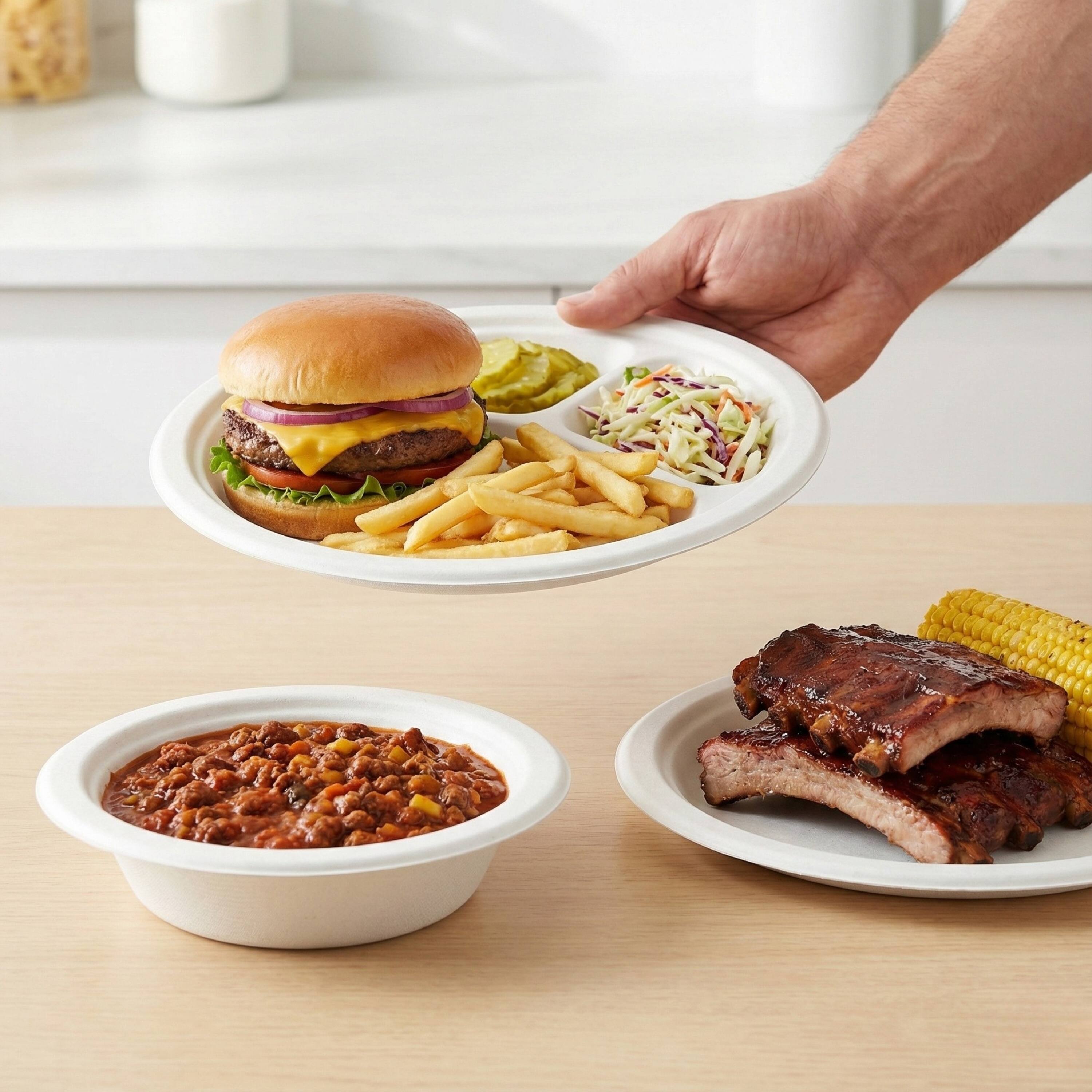 Alt View 3. Eco Harmony Products - Bagasse Plates (PFAS-Free), White, 9", 500-Pack - White.