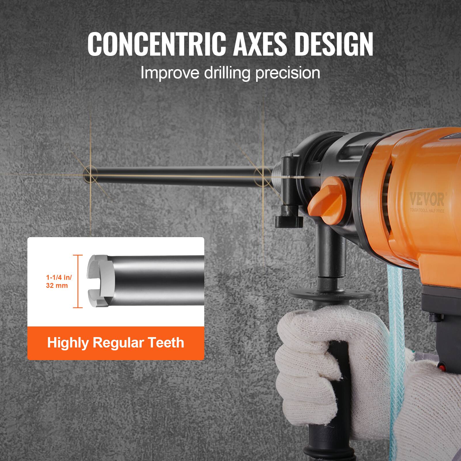 CONCENTRIC AXES DESIGN  
Improve drilling precision  

1-1/4 in / 32 mm  
Highly Regular Teeth