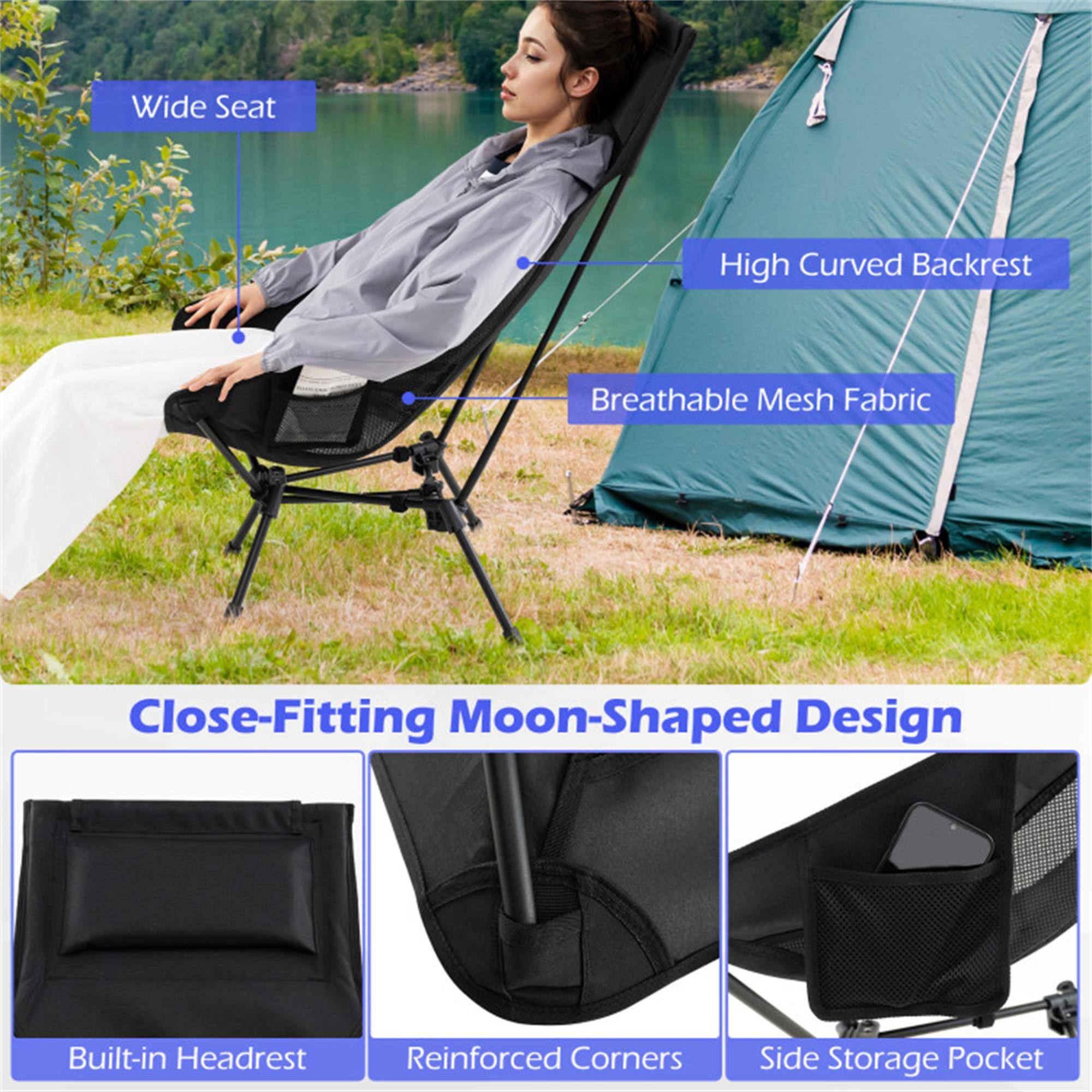 Wide Seat  
High Curved Backrest  
Breathable Mesh Fabric  
Close-Fitting Moon-Shaped Design  
Built-in Headrest  
Reinforced Corners  
Side Storage Pocket