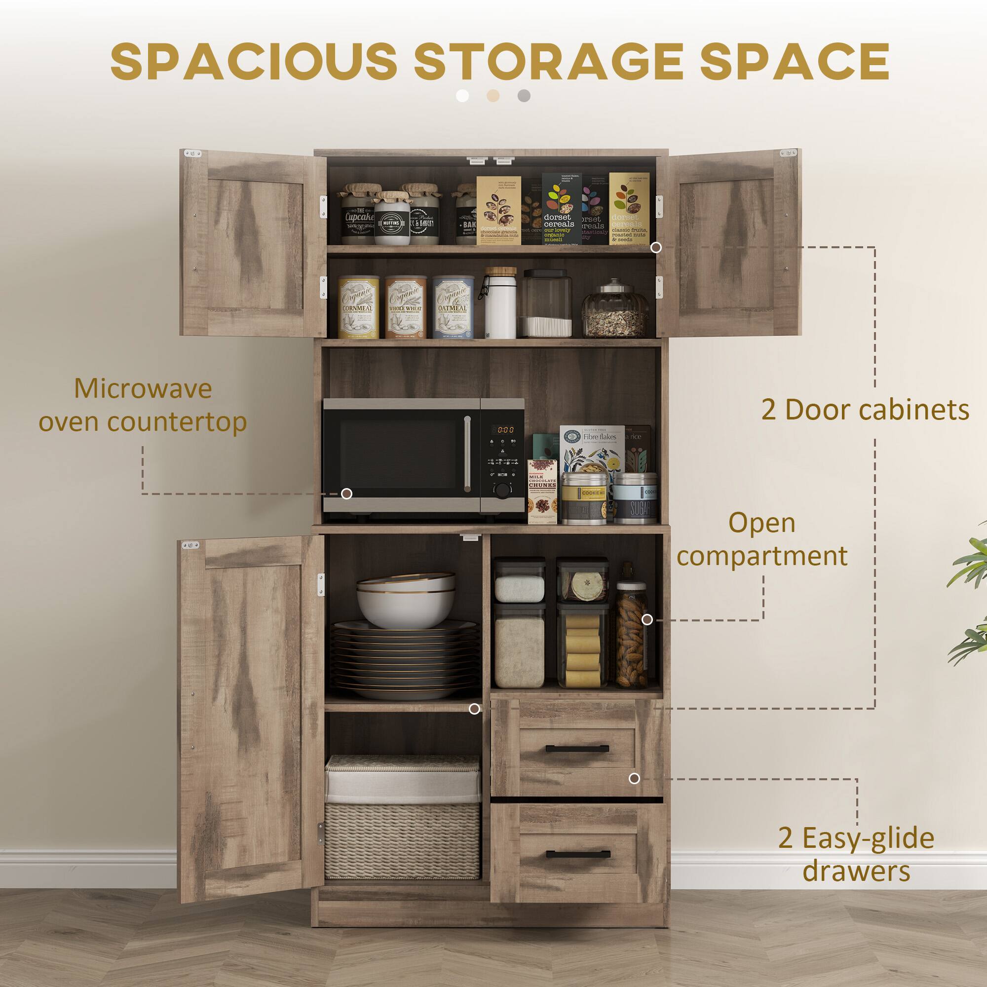 SPACIOUS STORAGE SPACE

Microwave oven countertop
2 Door cabinets
Open compartment
2 Easy-glide drawers