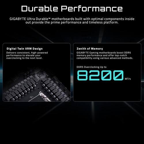 Durable Performance

GIGABYTE Ultra Durable motherboards built with optimal components inside out provide the prime performance and timeless platform.

Digital Twin VRM Design
Delivers consistent, high-powered performance to elevate your overclocking to the next level.

Zenith of Memory
GIGABYTE Gaming motherboards boost DDR5 memory performance and offer top-notch compatibility using various advanced methods.

DDR5 Overclocking Up to 8200 MT/s