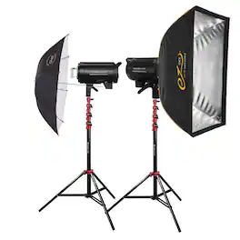 Flashpoint - Studio Pro 600 III-V 600W R2 Flash 2-Light Kit with LED Lamp, Bundle with Stands, Softbox and Umbrella