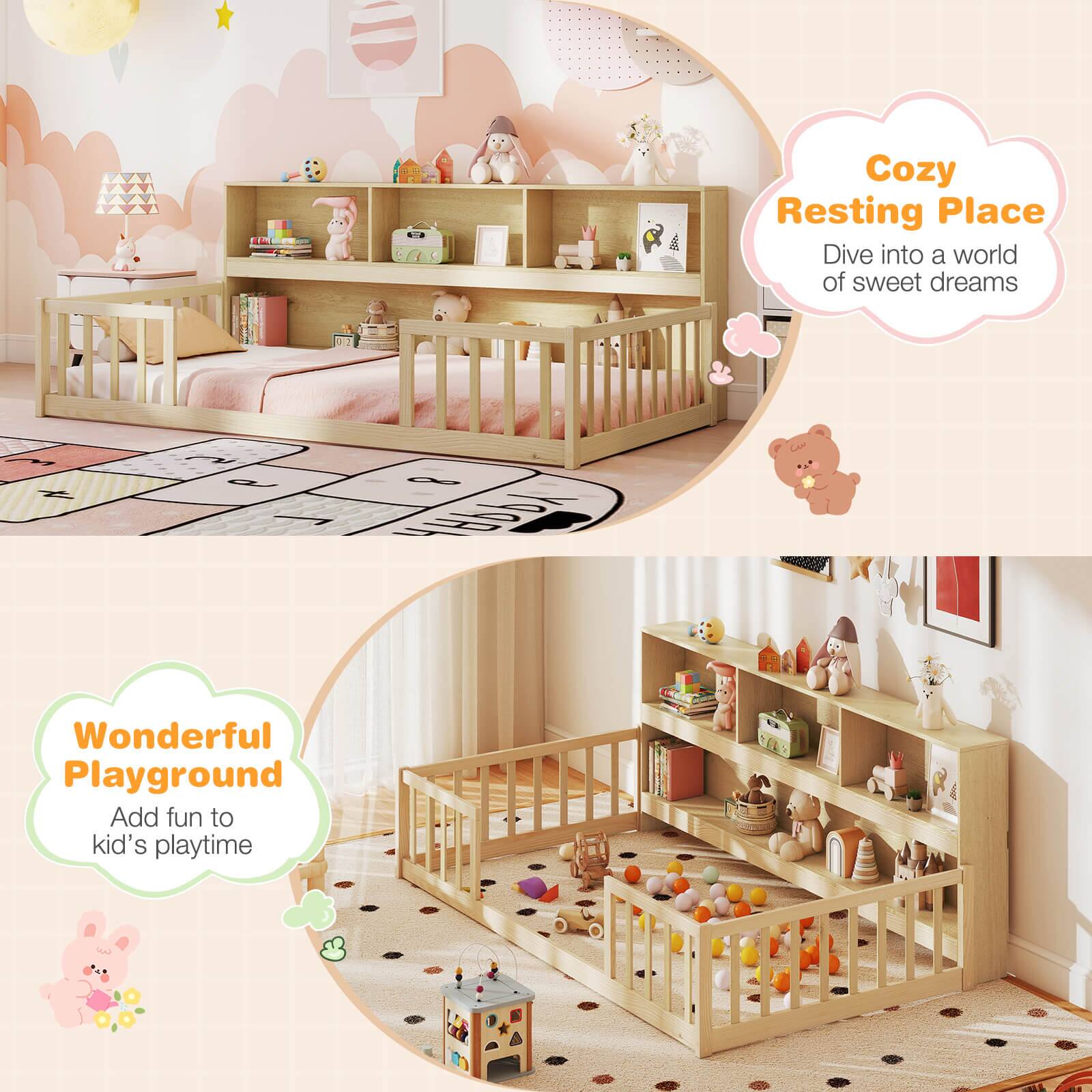Alt View 9. Costway - Costway Twin Size Montessori Floor Bed with Bookcase Storage Shelves & Safety Fence Rails - Natural.
