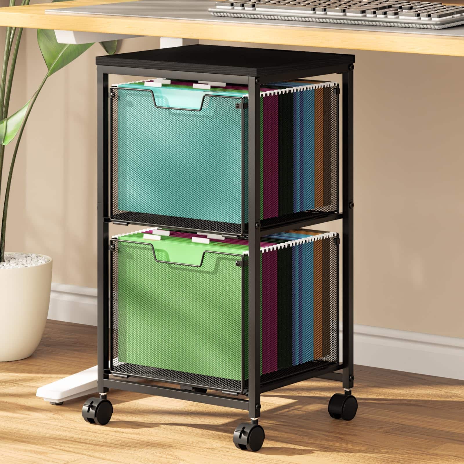 Paradigms Interiors - Rolling File Cart With 2 Storage Drawers Under Desk Hanging Folder Organizer Wheels Printer Stand Utility C - Black-2L Drawers