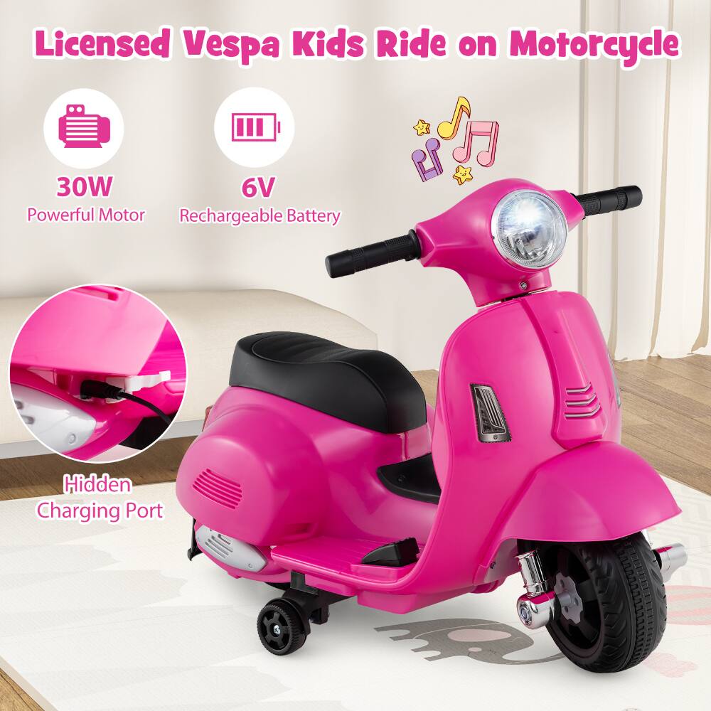 Licensed Vespa Kids Ride on Motorcycle  
30W Powerful Motor  
6V Rechargeable Battery  
Hidden Charging Port