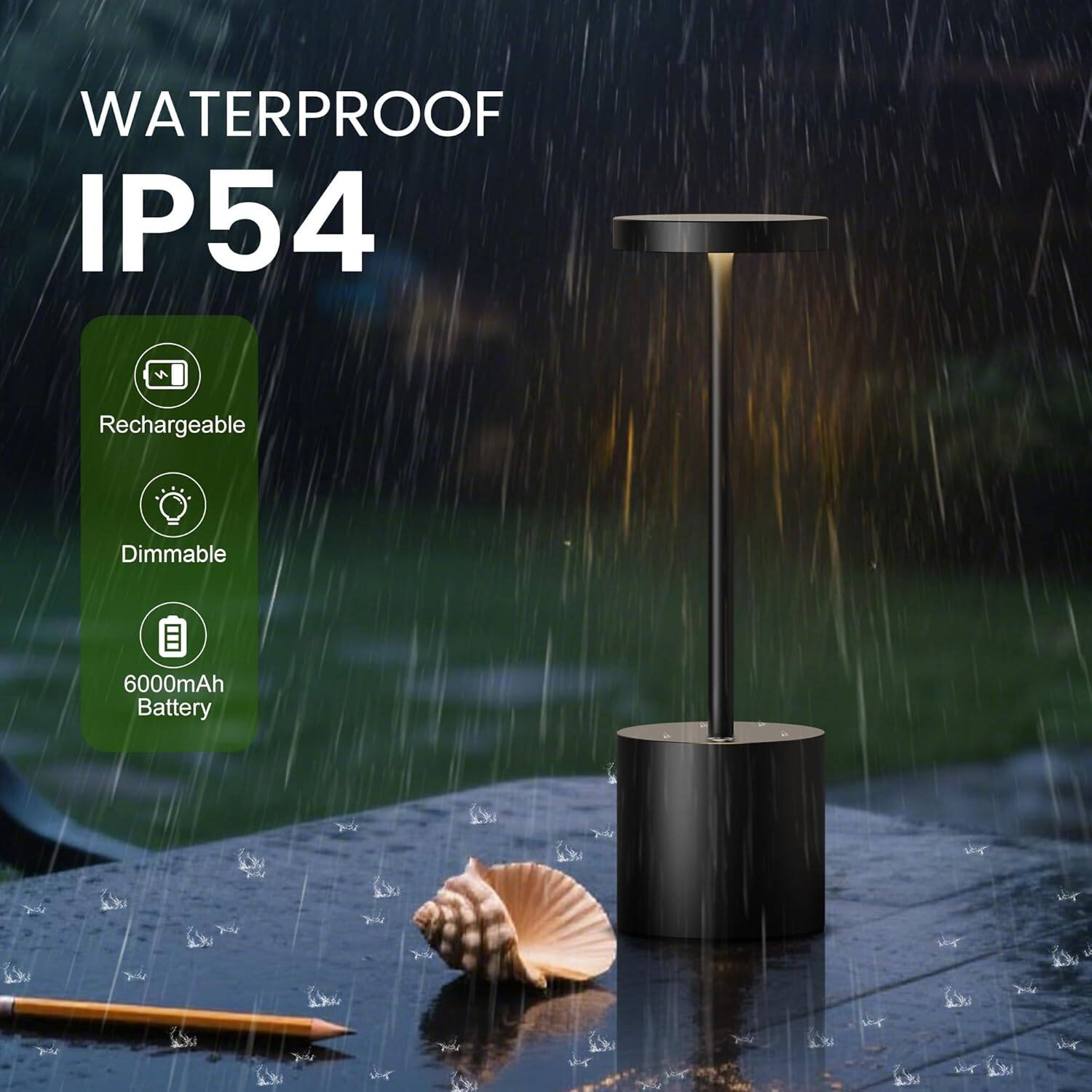 WATERPROOF IP54

- Rechargeable
- Dimmable
- 6000mAh Battery