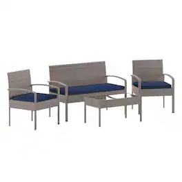 Emma + Oliver - 4 Piece Patio Set with Steel Frame and Cushions - Outdoor Seating - Navy Cushions/Light Gray Frame