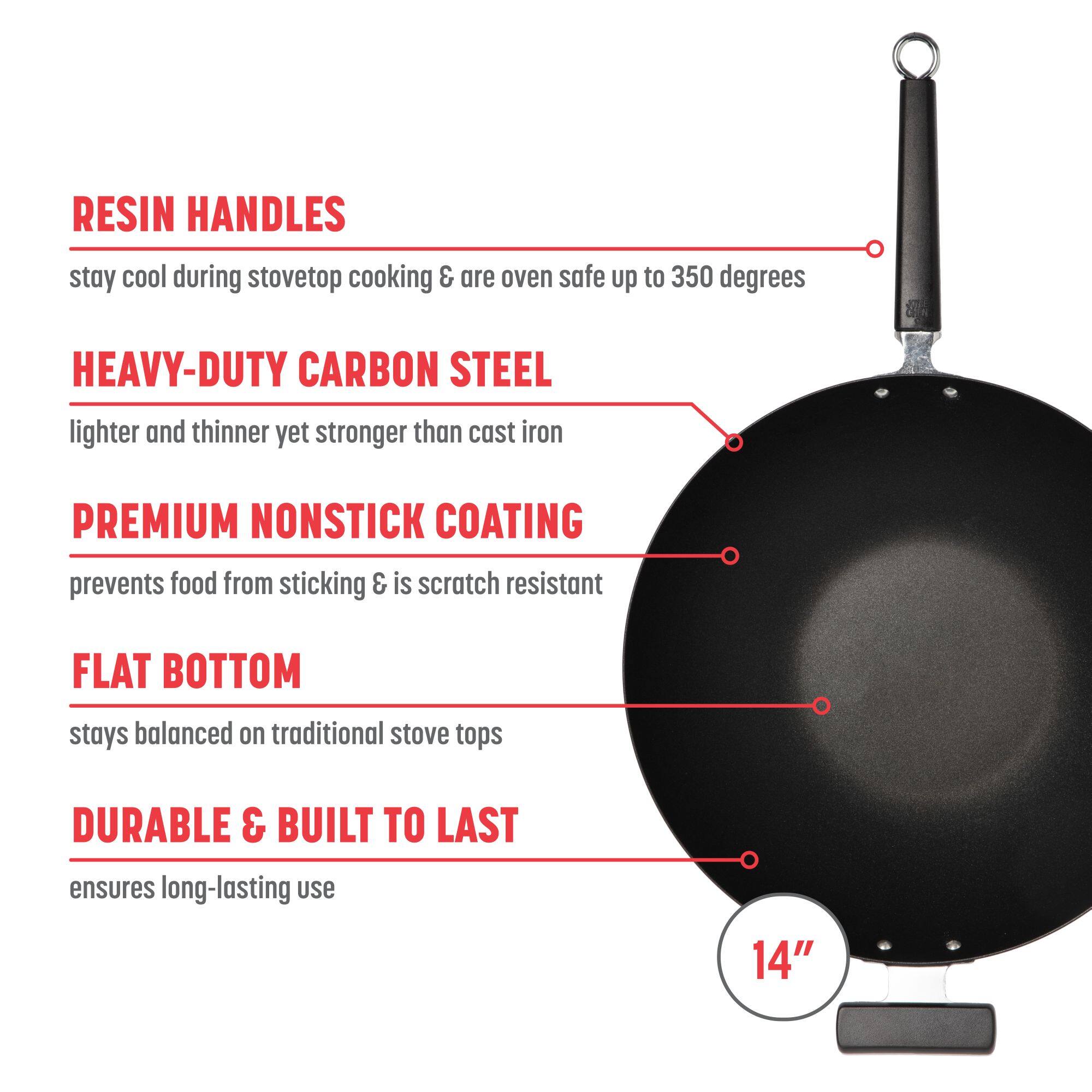 RESIN HANDLES stay cool during stovetop cooking & are oven safe up to 350 degrees
HEAVY-DUTY CARBON STEEL lighter and thinner yet stronger than cast iron
PREMIUM NONSTICK COATING prevents food from sticking & is scratch resistant
FLAT BOTTOM stays balanced on traditional stove tops
DURABLE & BUILT TO LAST ensures long-lasting use
14"