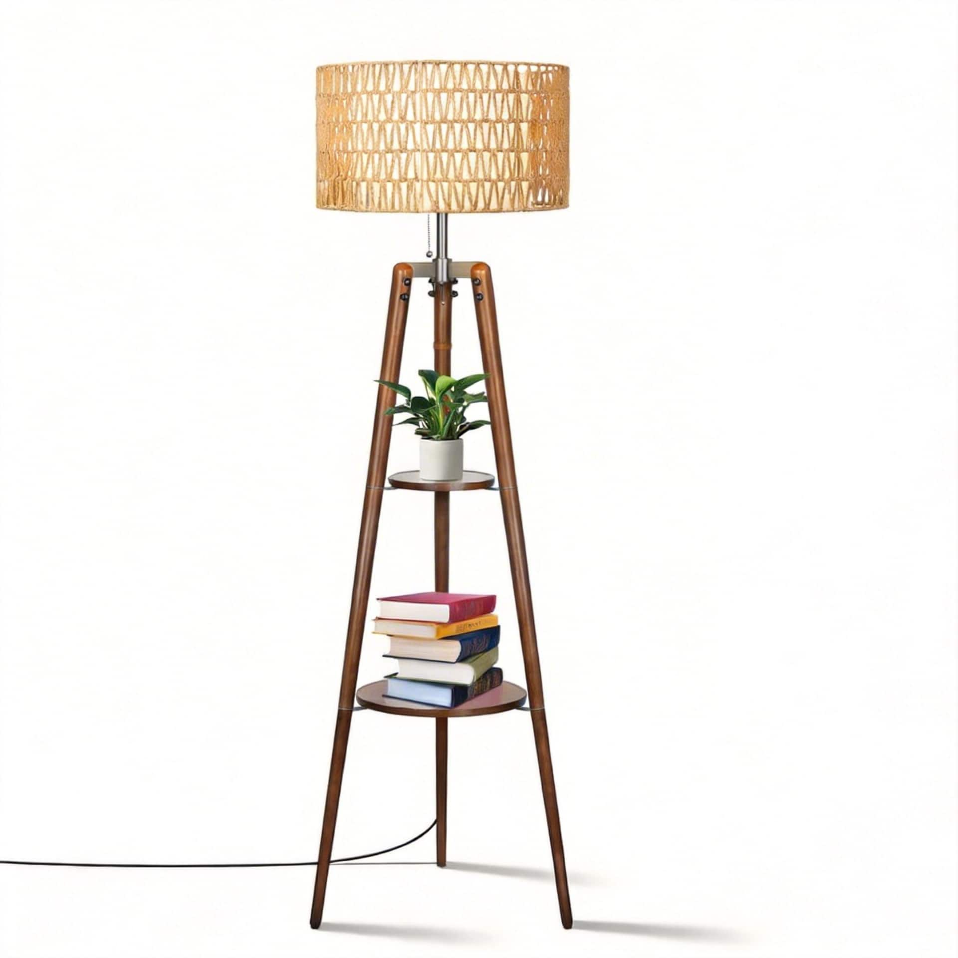 Malletson - Modern Tripod Floor Lamp with Rattan Shade & Dual Shelves