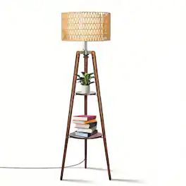 Malletson - Modern Tripod Floor Lamp with Rattan Shade & Dual Shelves