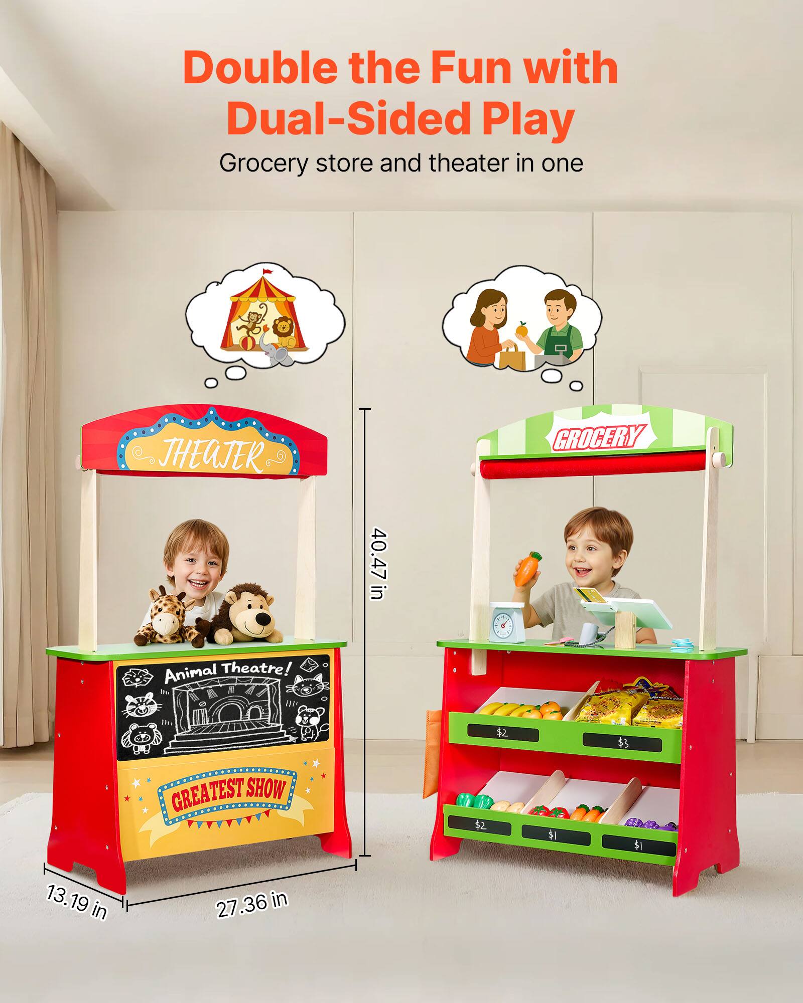 Double the Fun with Dual-Sided Play: Grocery store and theater in one. Theatier Grocery. 40.47 in. Animal Theatre! Greatest Show. $2 $2 $1 $3. CA. 13.19 in. 27.36 in.