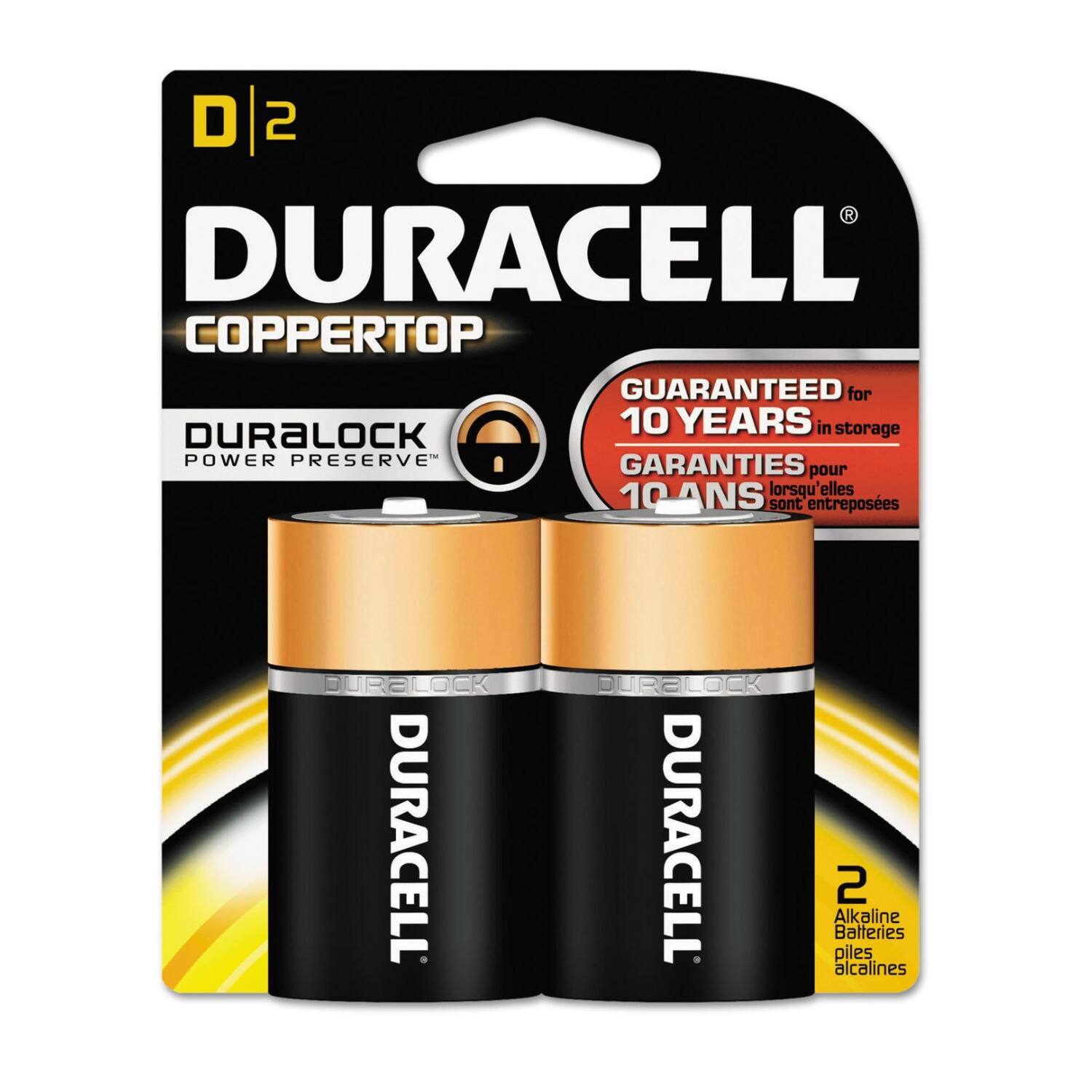 DURACELL COPPERTOP  
DURALOCK  
GUARANTEED for 10 YEARS in storage  
GARANTIES pour 10 ANS lorsqu'elles sont entreposées  
2 Alkaline Batteries  
piles alcalines