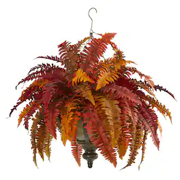 BreeBe - 28" Autumn Boston Fern Plant in Hanging Metal Bowl - Red