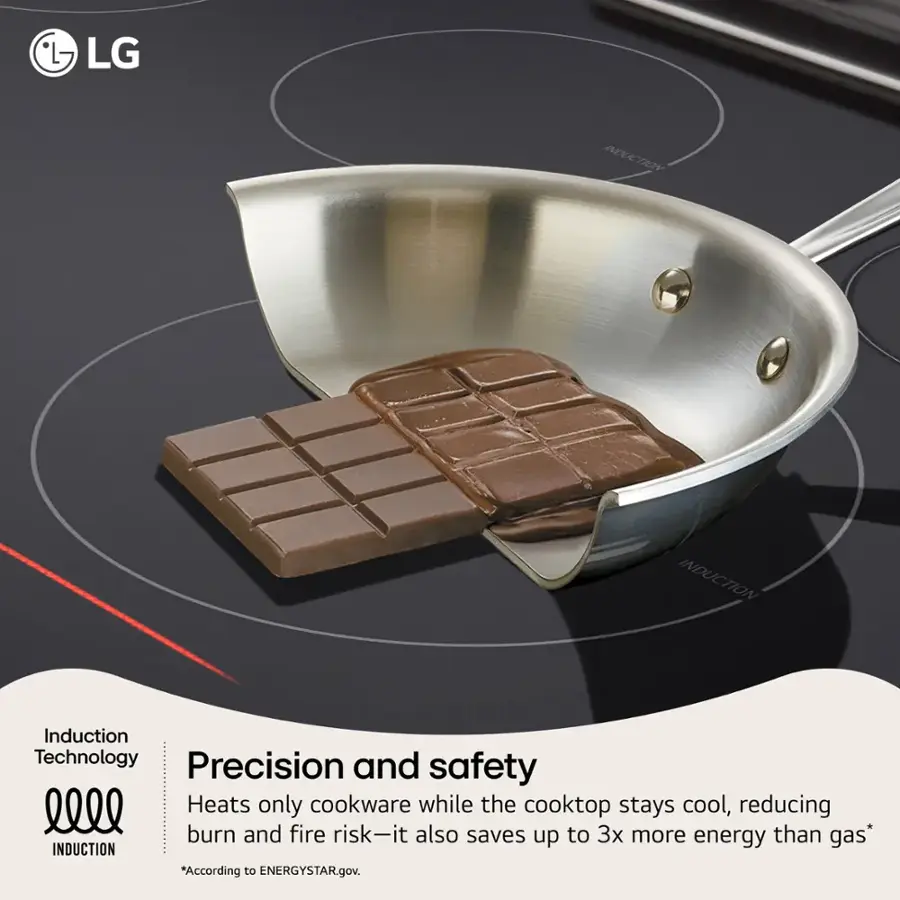 LG Induction Technology Precision and Safety Heats only cookware while the cooktop stays cool, reducing burn and fire risk-it also saves up to 3x more energy than gas* According to ENERGYSTAR.gov.
