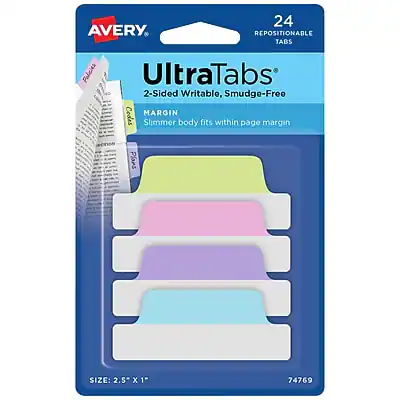 AVERY UltraTabs
24 REPOSITIONABLE TABS
2-Sided Writable, Smudge-Free
MARGIN Slimmer body fits within page margin
SIZE: 2.5" x 1"
74769