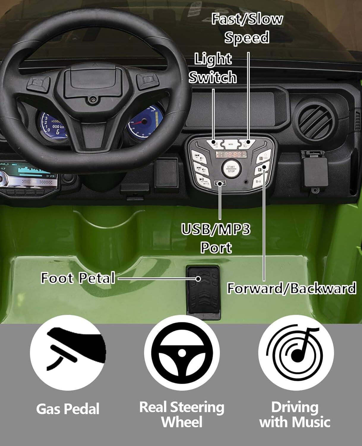 - Fast/Slow Speed
- Light Switch
- USB/MP3 Port
- Foot Petal
- Forward/Backward
- Gas Pedal
- Real Steering Wheel
- Driving with Music