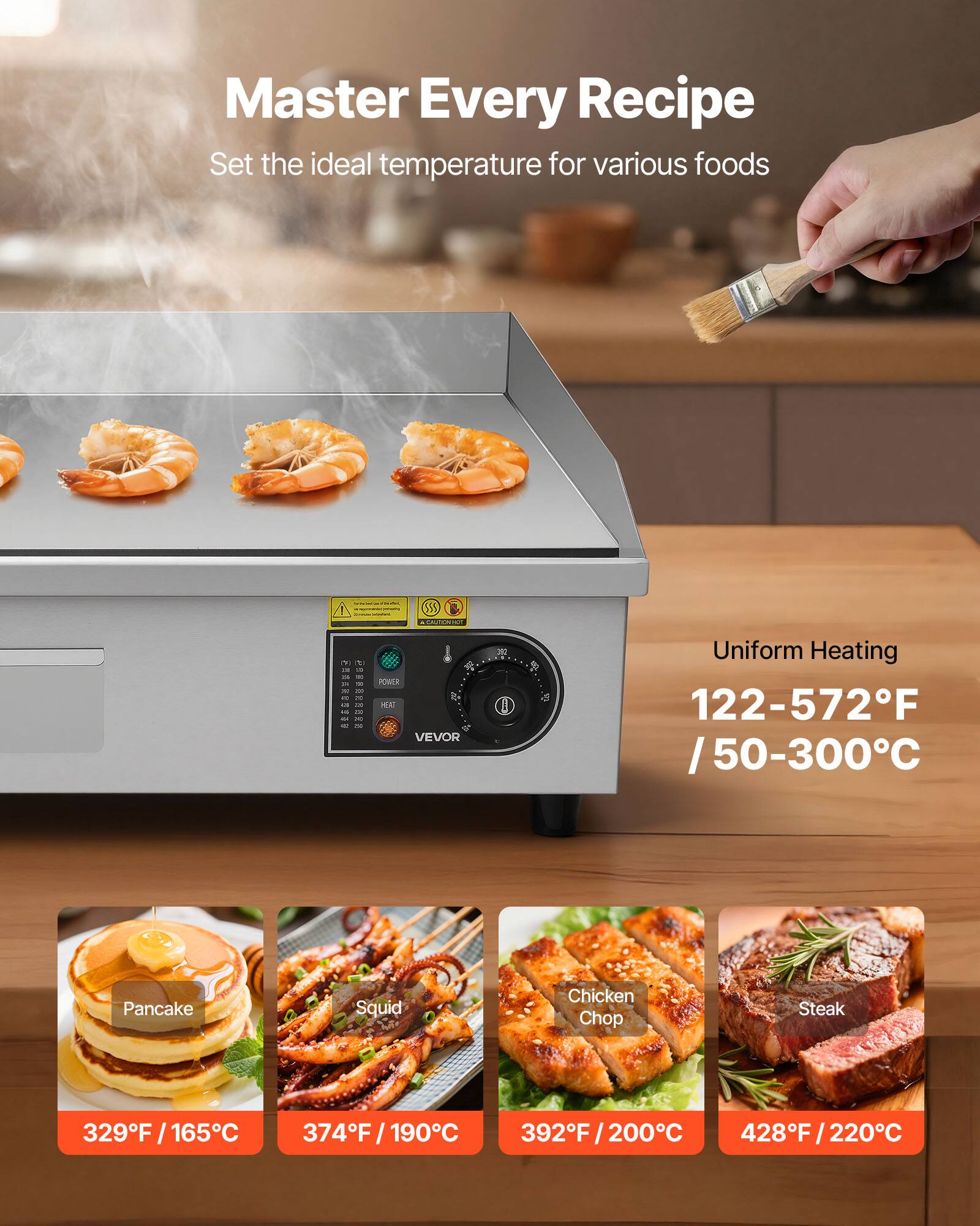 Master Every Recipe  
Set the ideal temperature for various foods

CONTAINS  
ou t) AN Jr as N a - 39 of PM so 200 sini as 44 30 ar au

CACORIES POWER HEAT VEVOR

to  
Uniform Heating  
122-572°F / 50-300°C

Pancake  
329°F / 165°C

Squid  
374°F / 190°C

Chicken Chop  
392°F / 200°C

Steak  
428°F / 220°C