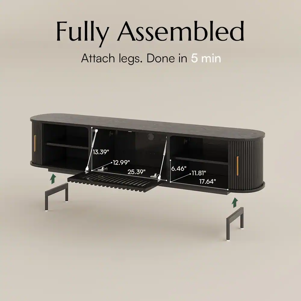 Fully Assembled  
Attach legs. Done in 5 min  

13.39"  
12.99"  
25.39"  
6.46"  
11.81"  
17.64"