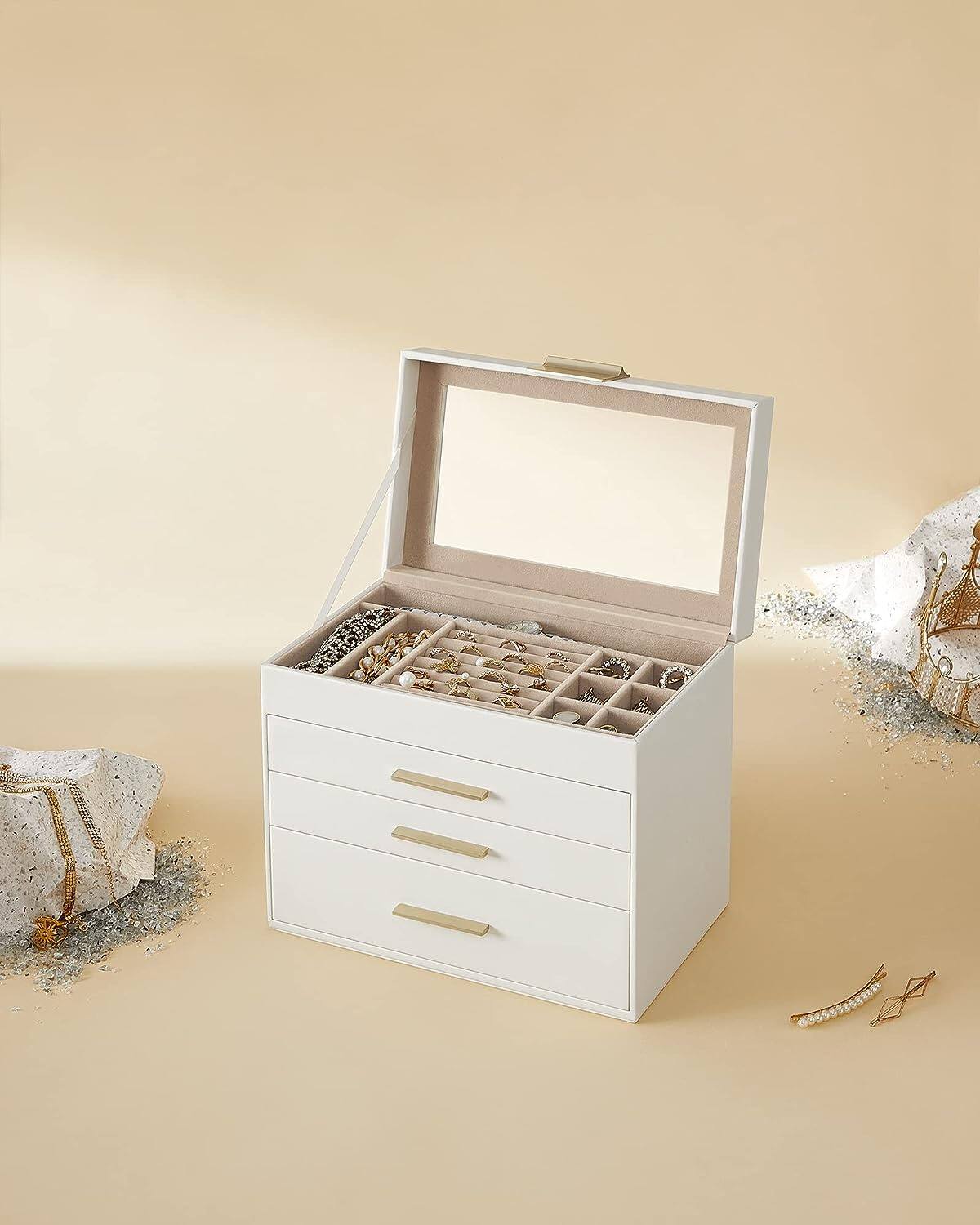 Back. Songmics Home - 4-Layer Jewelry Box Organizer with Glass Lid – Cloud White and Gold - White.
