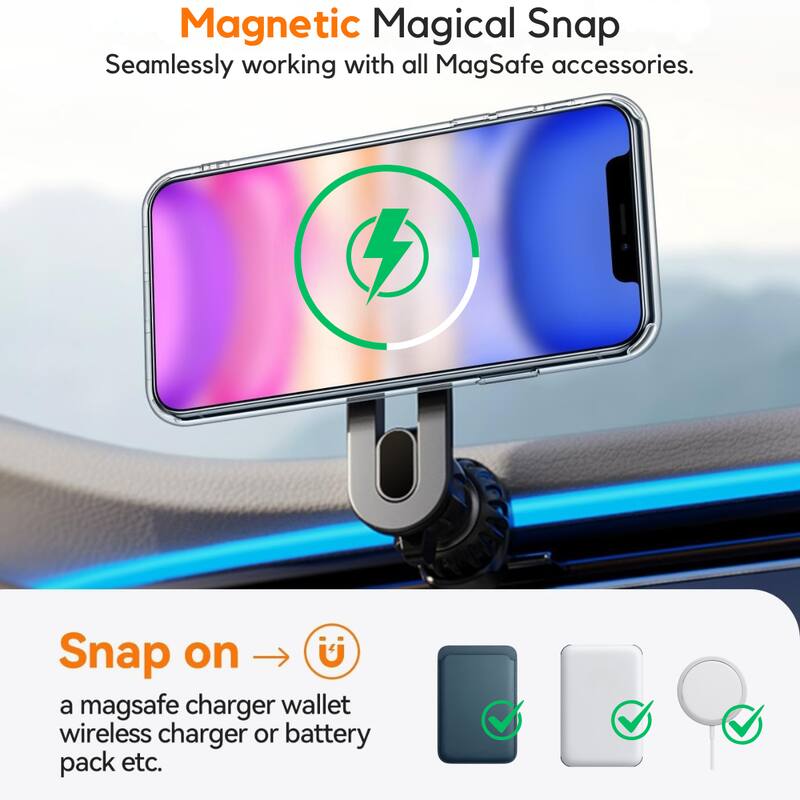 Magnetic Magical Snap  
Seamlessly working with all MagSafe accessories.

Snap on →  
a mag safe charger wallet wireless charger or battery pack etc.