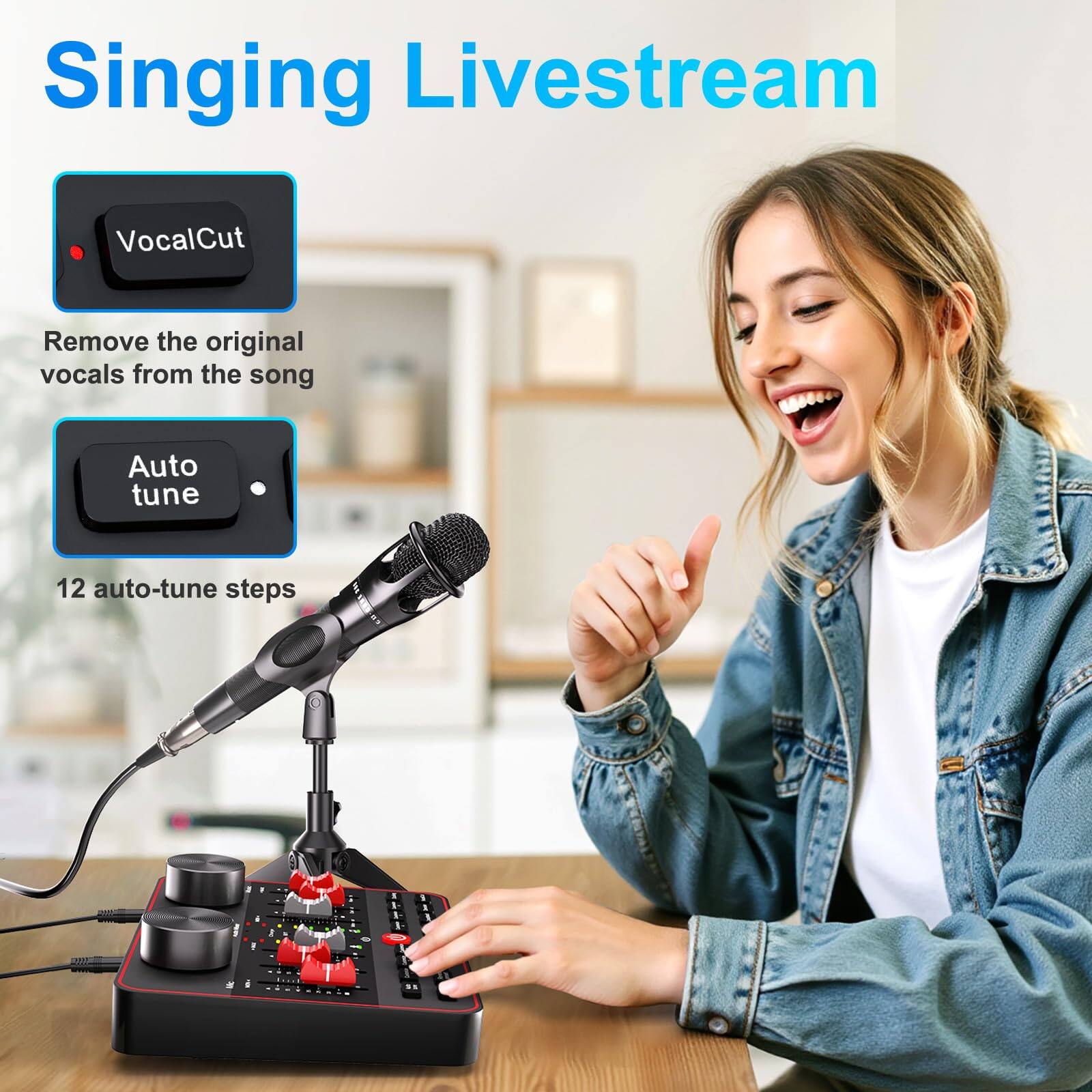Singing Livestream

- VocalCut
  - Remove the original vocals from the song

- Auto tune
  - 12 auto-tune steps