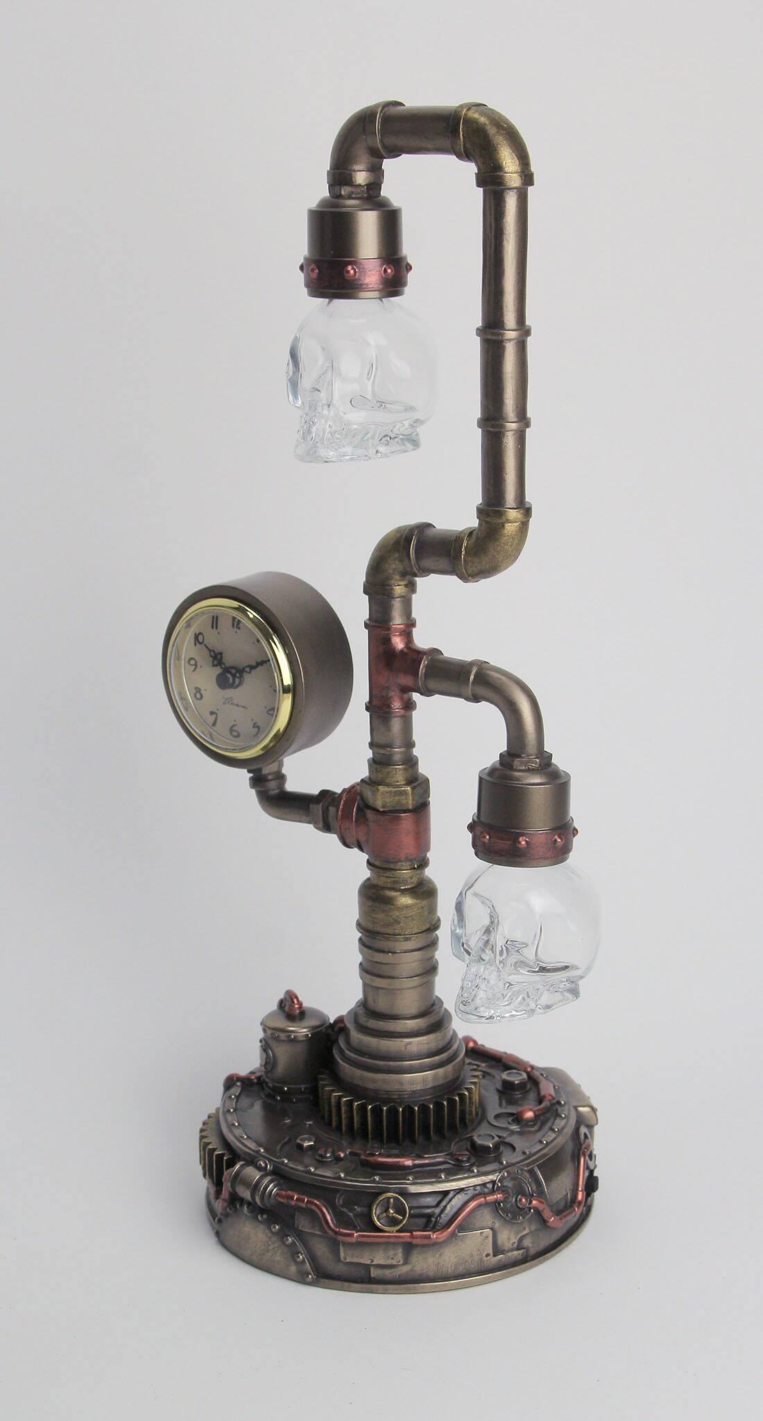 Alt View 1. Veronese Design - Steampunk Pipework Clock Stand USB Powered LED Skull Bulb Copper Accent Desk Light - Bronze.