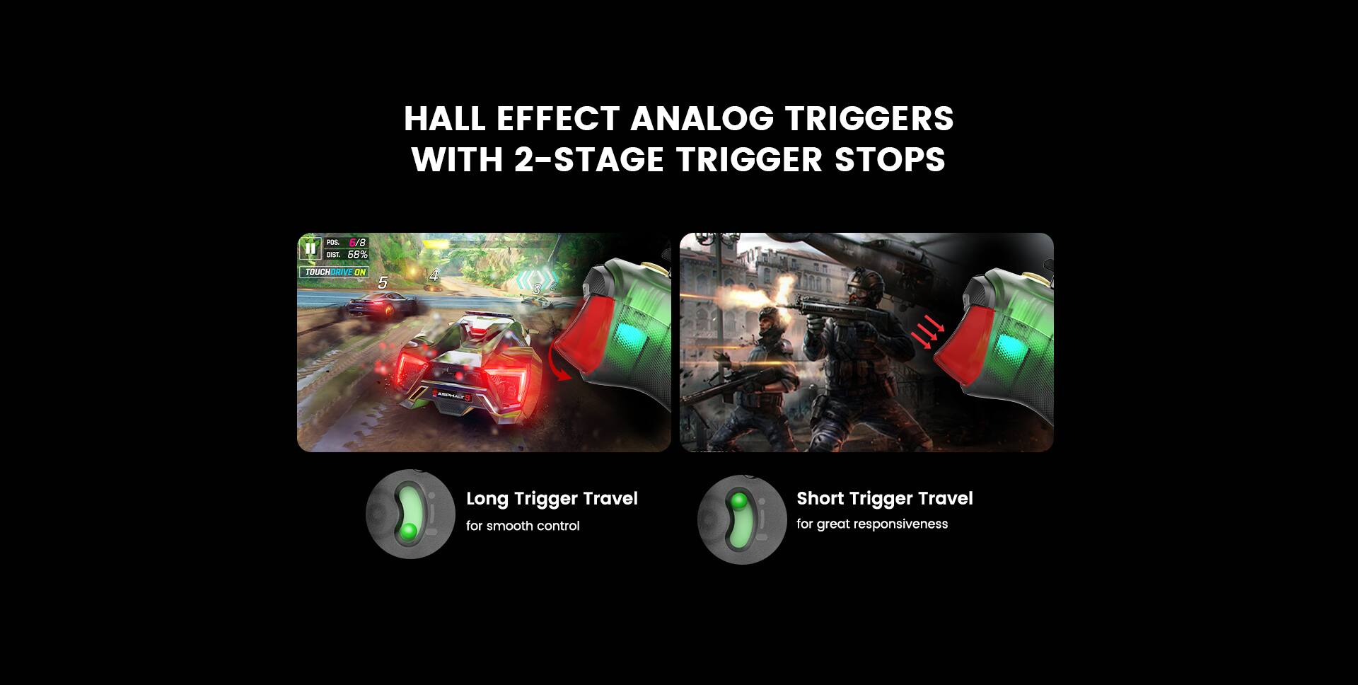 HALL EFFECT ANALOG TRIGGERS WITH 2-STAGE TRIGGER STOPS

Long Trigger Travel for smooth control

Short Trigger Travel for great responsiveness