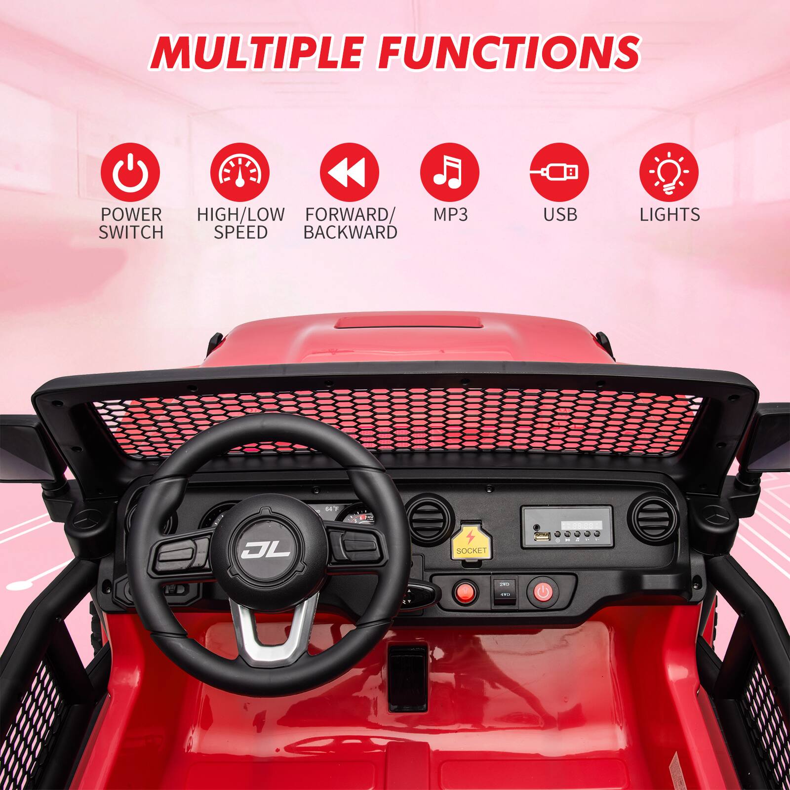 MULTIPLE FUNCTIONS

- POWER SWITCH
- HIGH/LOW SPEED
- FORWARD/BACKWARD
- MP3
- USB
- LIGHTS
- DL SOCKET