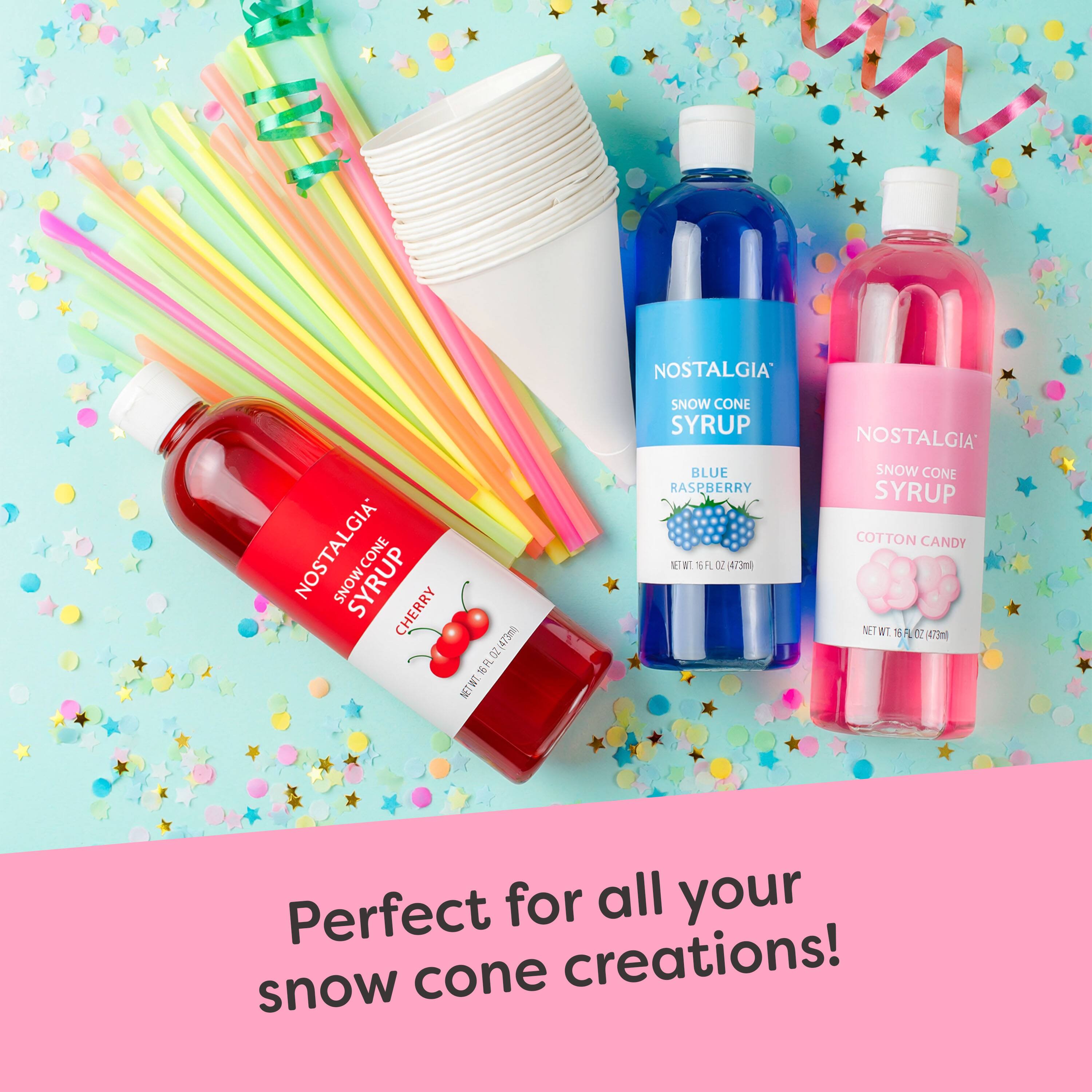 NOSTALGIA SNOW CONE SYRUP CHERRY (473ml) 16FL OZ NET WT.  
NOSTALGIA SNOW CONE SYRUP BLUE RASPBERRY (473ml) 16FL OZ NET WT.  
NOSTALGIA SNOW CONE SYRUP COTTON CANDY (473ml) 16FL OZ NET WT.  
Perfect for all your snow cone creations!