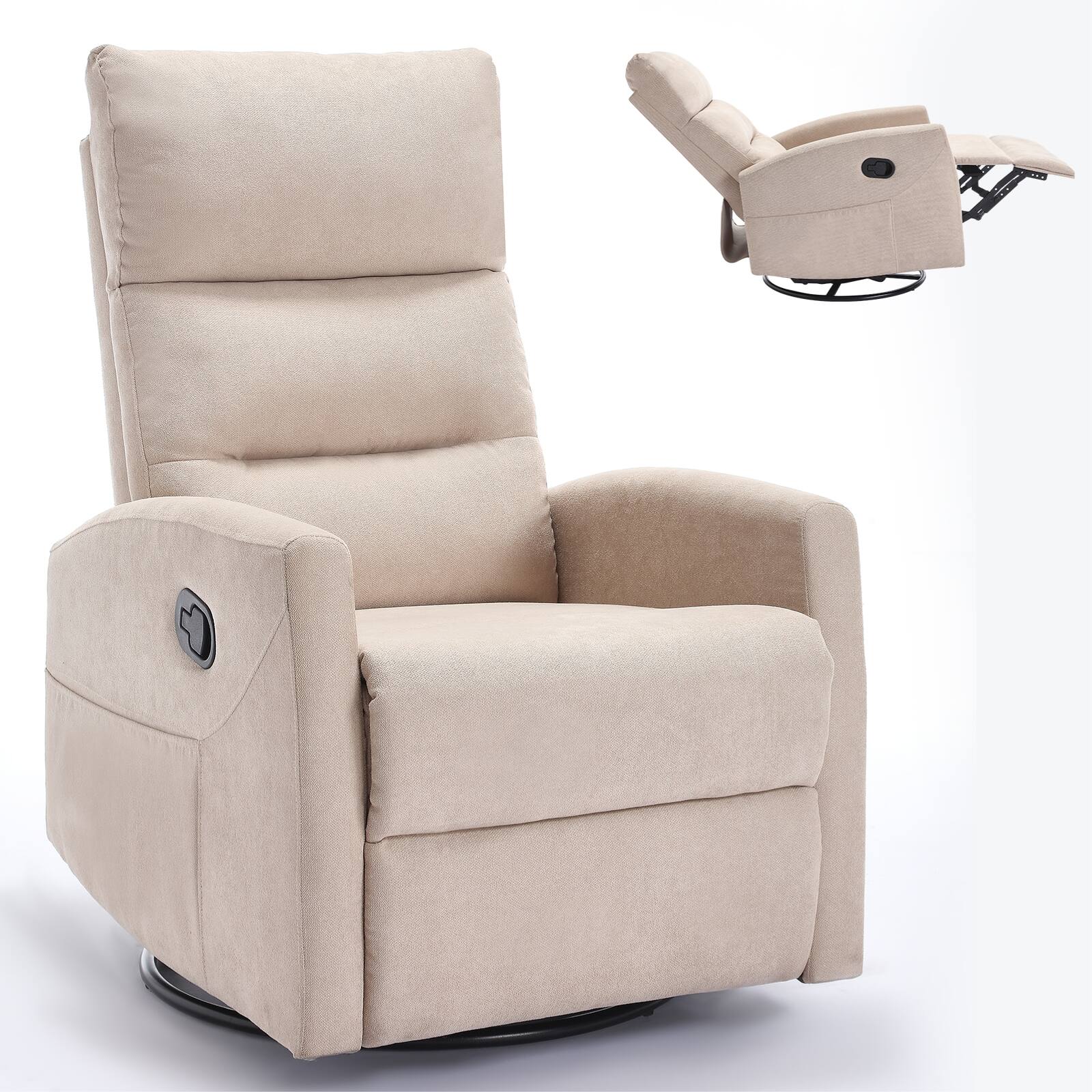 Back. GOODSILO - Manual Recliner Chair with Rocker & Swivel - Fabric Living Room Seating - Beige.